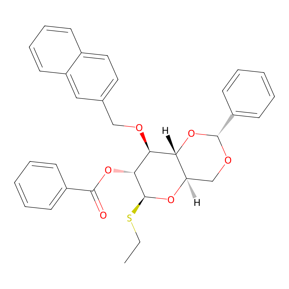 (2R,4aR,6S,7R,8S,8aR)-6-(Ethylthio)-8-(naphthalen-2-ylmethoxy)-2-phenylhexahydropyrano[3,2-d][1,3]dioxin-7-yl benzoate molecular structure, CAS 352008-11-8