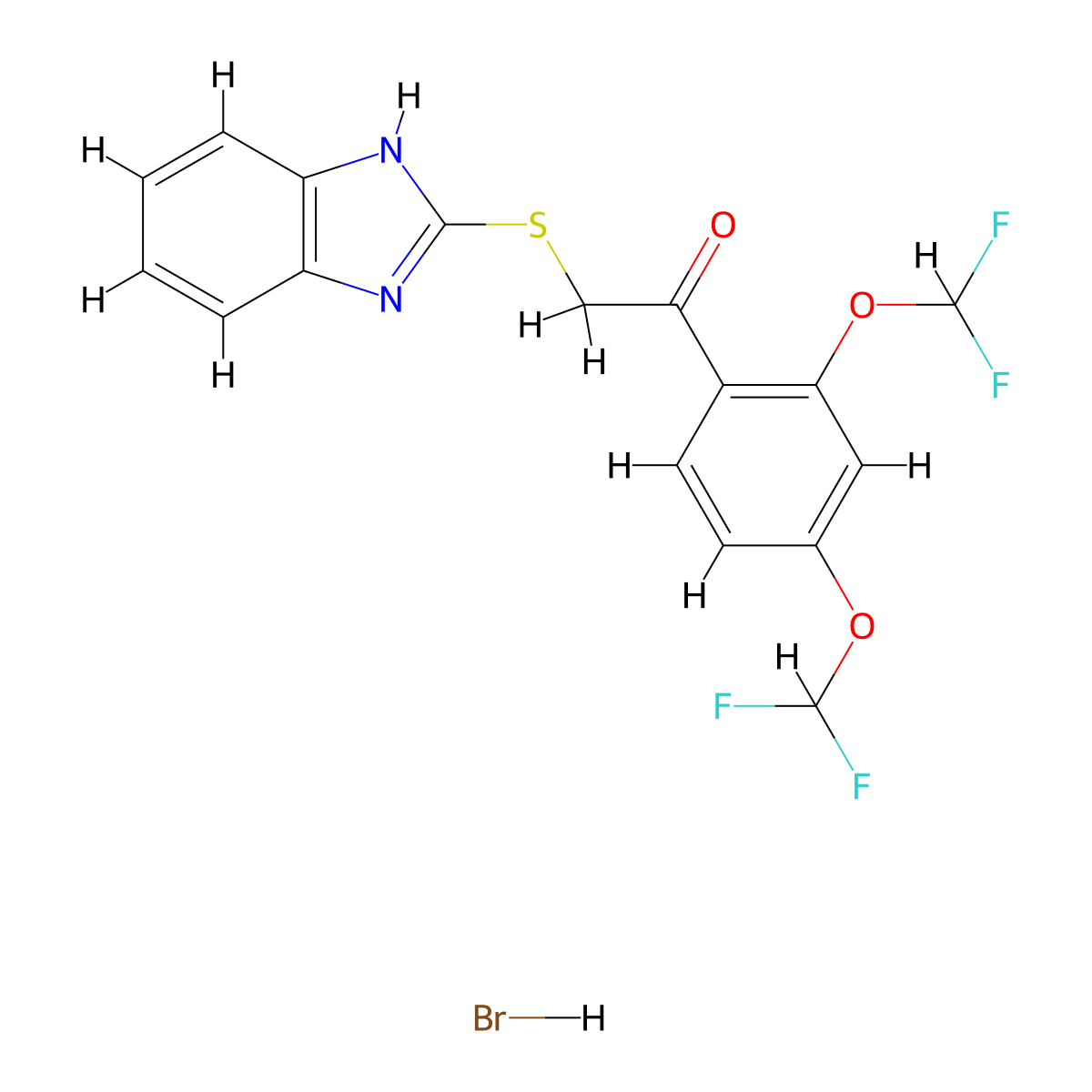 2-((1H-benzo[d]imidazol-2-yl)thio)-1-(2,4-bis(difluoromethoxy)phenyl)ethanone hydrobromide molecular structure, CAS 352018-32-7