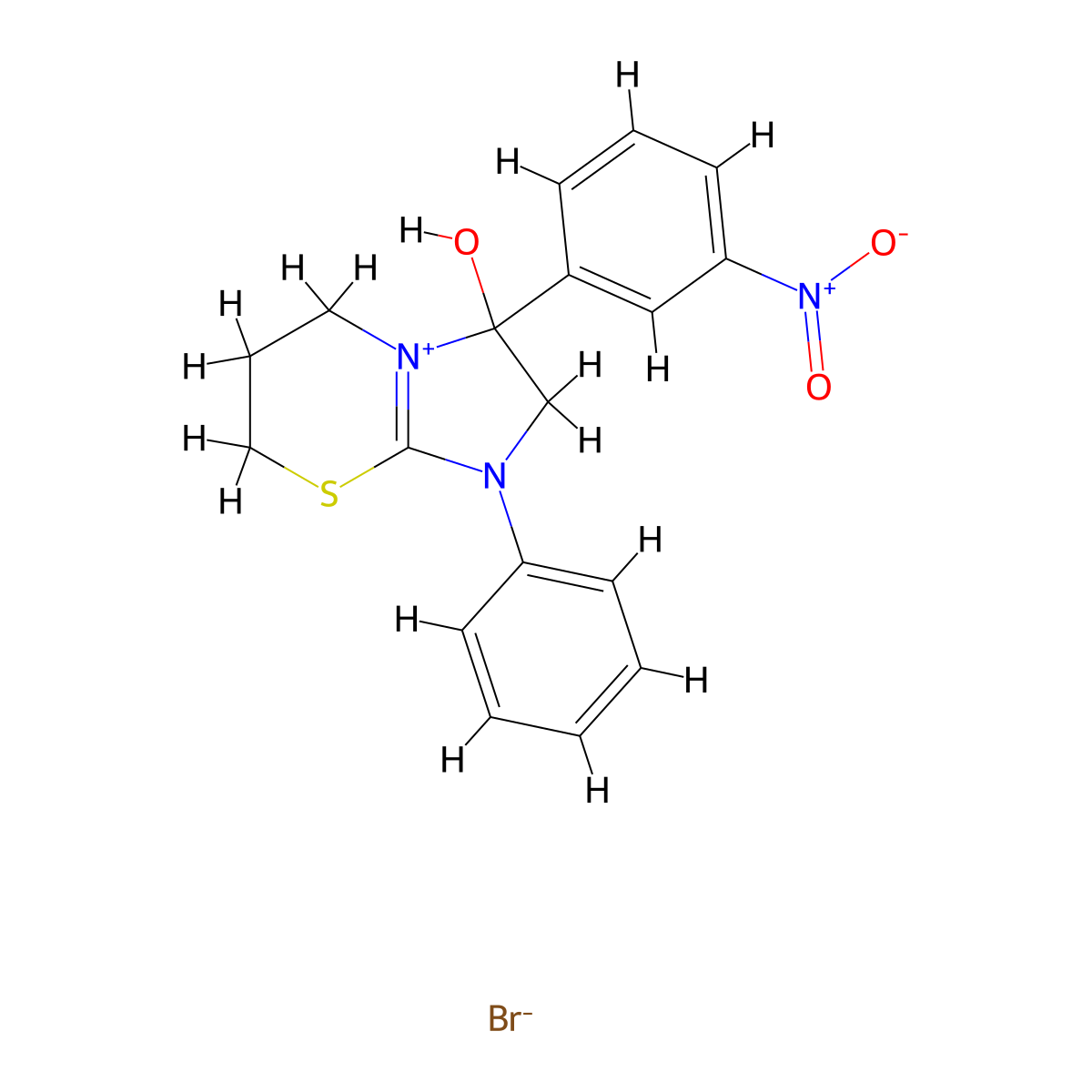 3-hydroxy-3-(3-nitrophenyl)-1-phenyl-3,5,6,7-tetrahydro-2H-imidazo[2,1-b][1,3]thiazin-1-ium bromide molecular structure, CAS 352018-37-2