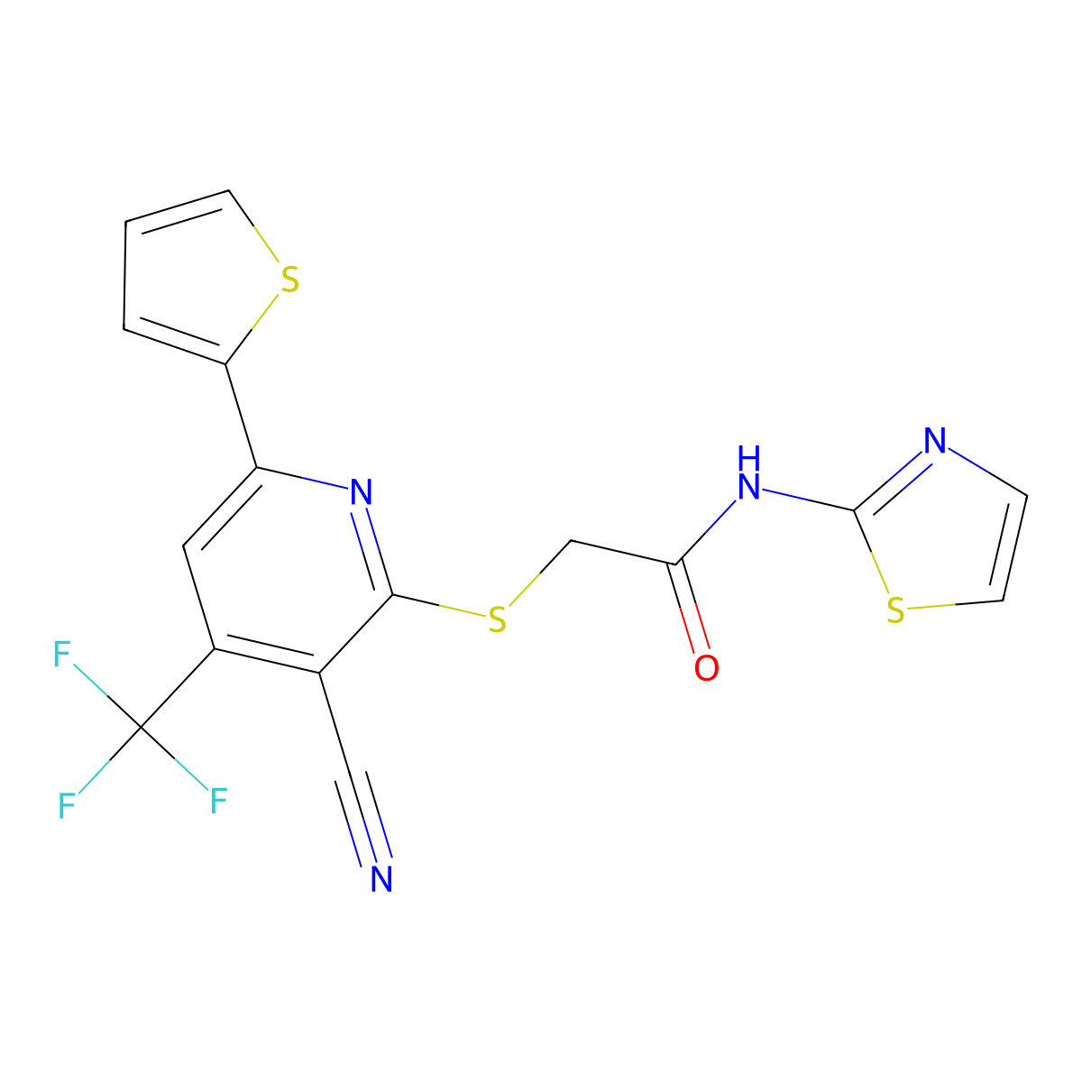 2-[3-cyano-6-thiophen-2-yl-4-(trifluoromethyl)pyridin-2-yl]sulfanyl-N-(1,3-thiazol-2-yl)acetamide molecular structure, CAS 352021-33-1