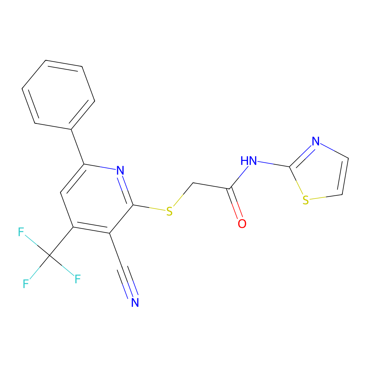 2-[3-cyano-6-phenyl-4-(trifluoromethyl)pyridin-2-yl]sulfanyl-N-(1,3-thiazol-2-yl)acetamide molecular structure, CAS 352021-34-2