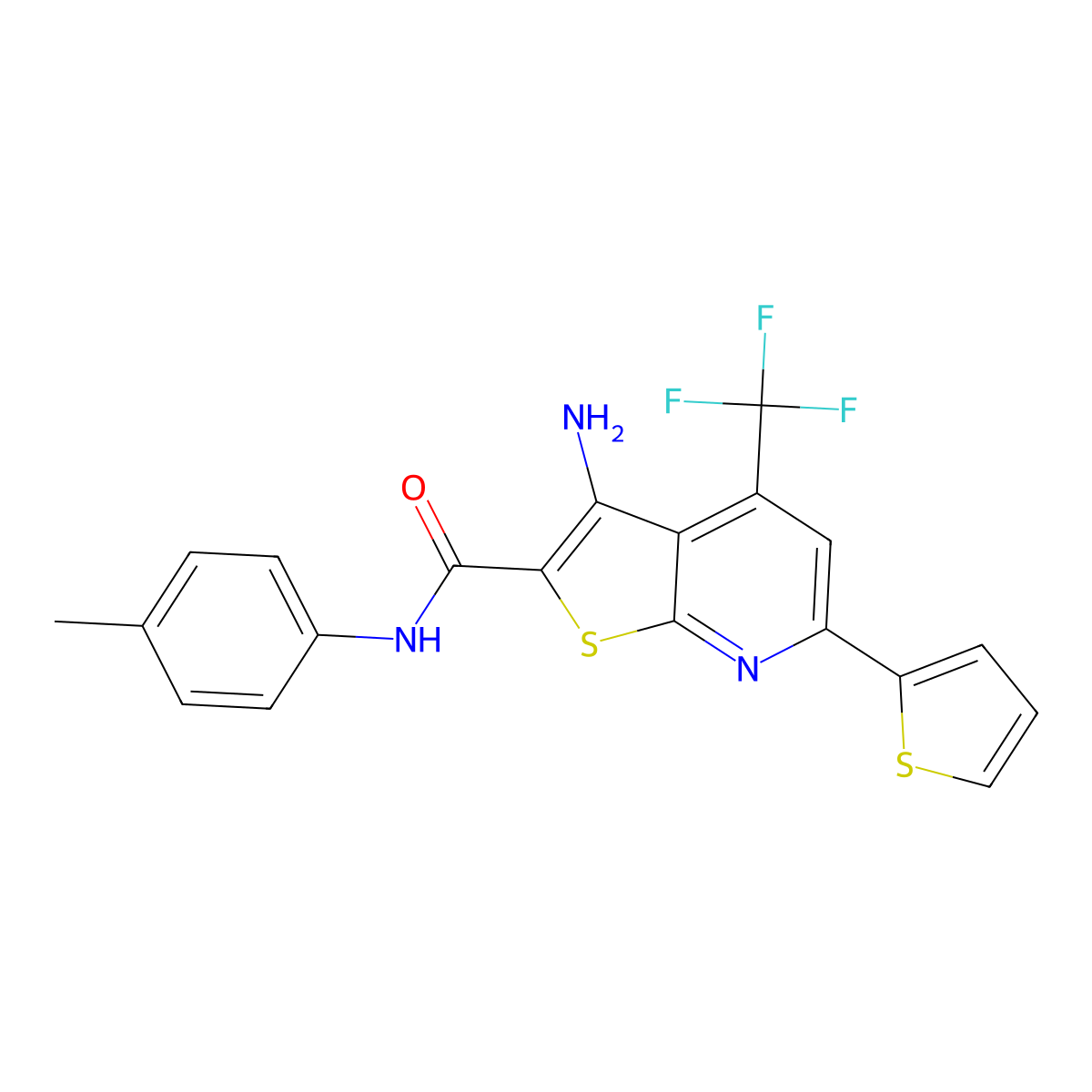 3-Amino-N-(4-methylphenyl)-6-(2-thienyl)-4-(trifluoromethyl)thieno(2,3-B)pyridine-2-carboxamide molecular structure, CAS 352021-58-0