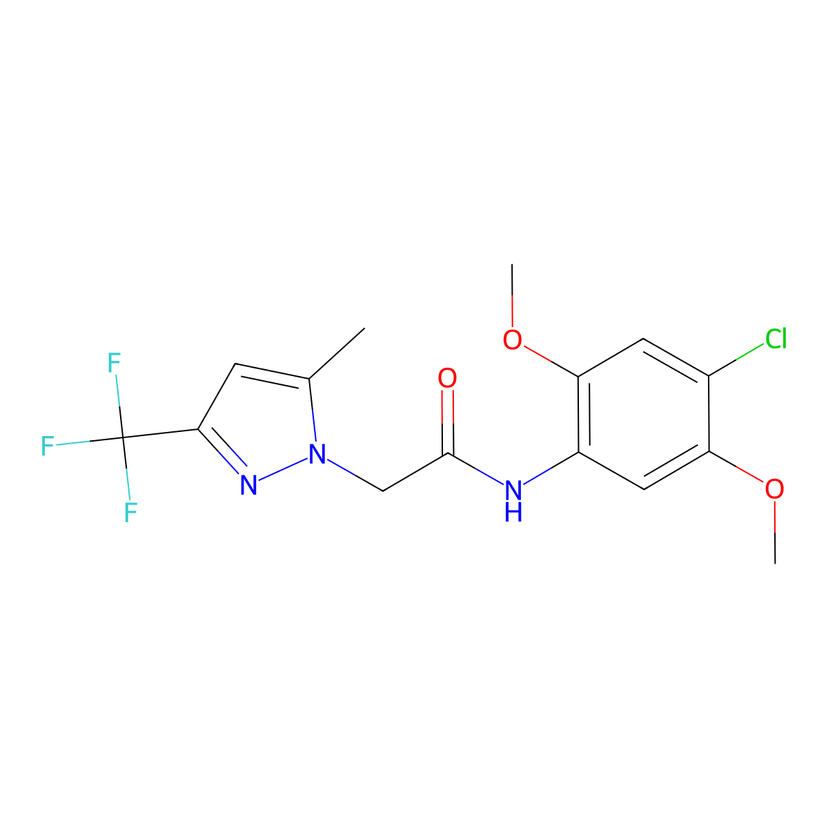 N-(4-chloro-2,5-dimethoxyphenyl)-2-[5-methyl-3-(trifluoromethyl)pyrazol-1-yl]acetamide molecular structure, CAS 352024-62-5