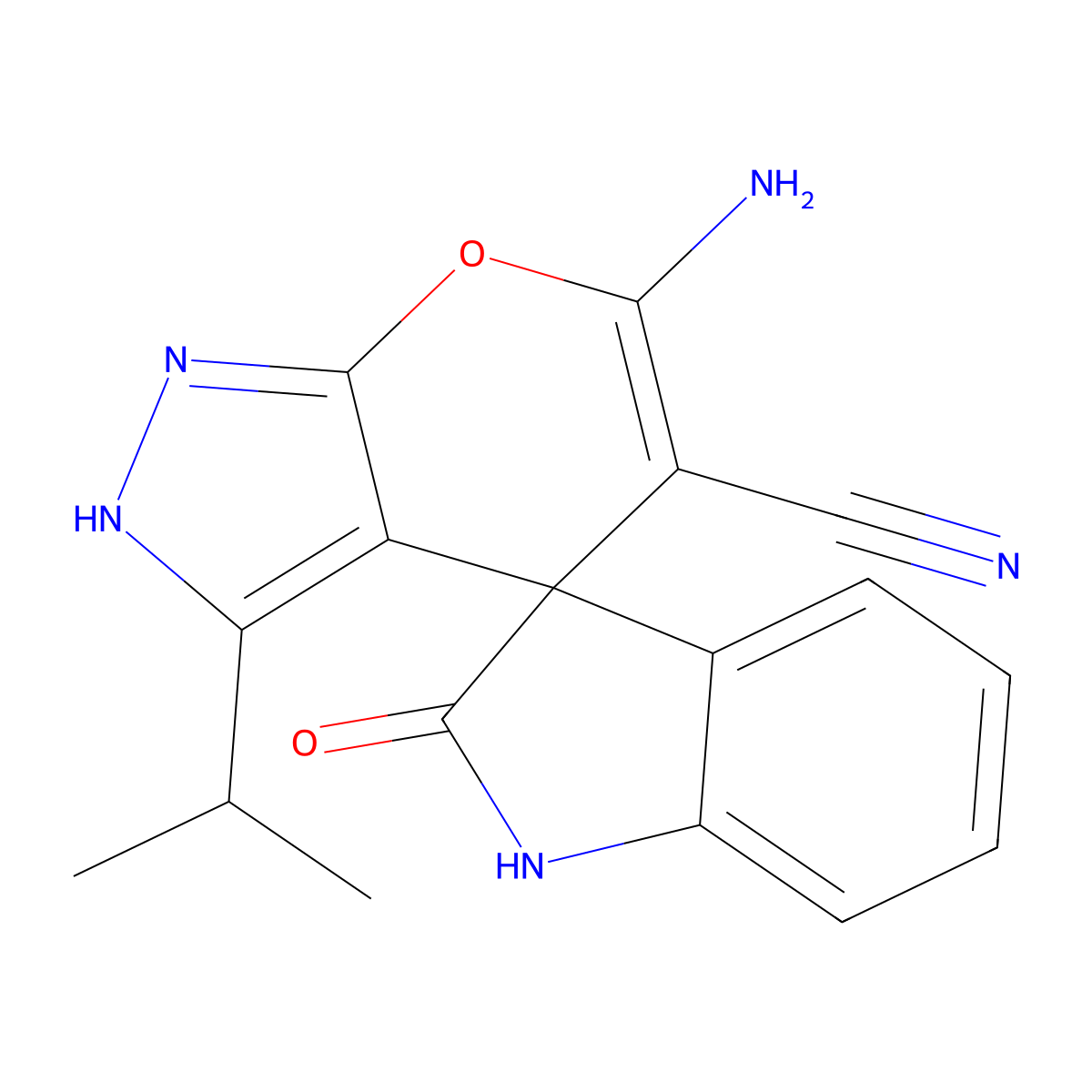 6-Amino-5-cyano-3-isopropyl-1,4-dihydro-2'-oxospiro(pyrano[2,3-c]pyrazole-4,3'-indoline) molecular structure, CAS 352025-19-5