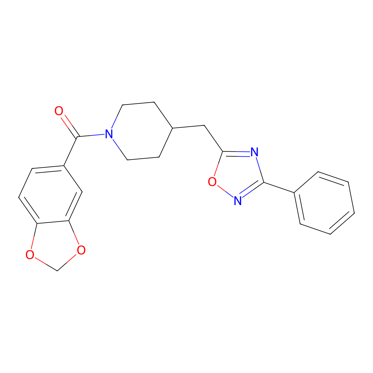 1-(1,3-Benzodioxol-5-ylcarbonyl)-4-[(3-phenyl-1,2,4-oxadiazol-5-yl)methyl]piperidine molecular structure, CAS 352033-96-6