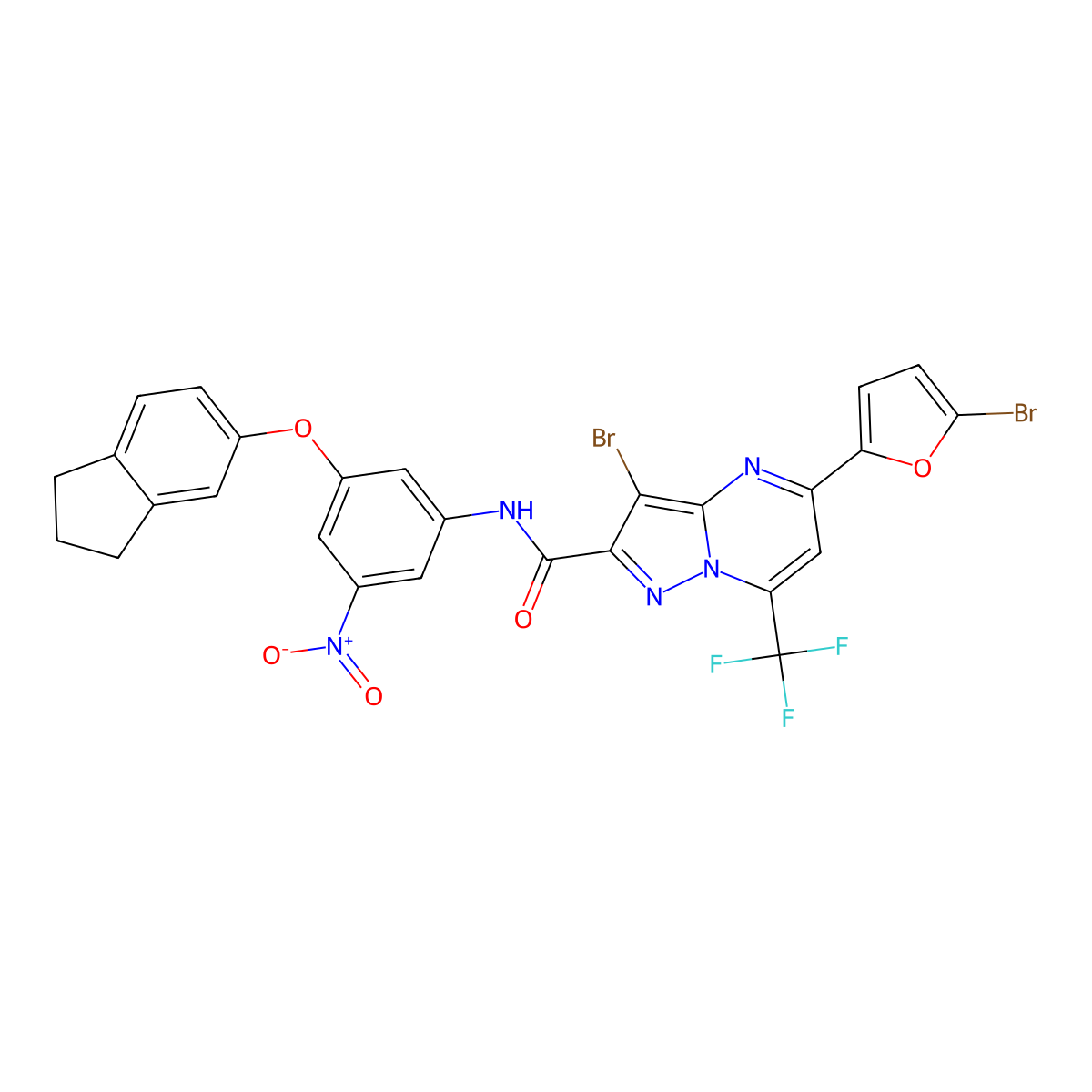 3-bromo-5-(5-bromo-2-furyl)-N-{3-(2,3-dihydro-1H-inden-5-yloxy)-5-nitrophenyl}-7-(trifluoromethyl)pyrazolo[1,5-a]pyrimidine-2-carboxamide molecular structure, CAS 352208-88-9