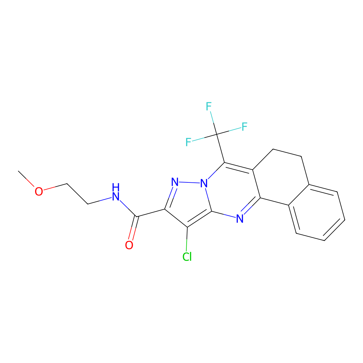 11-chloro-N-(2-methoxyethyl)-7-(trifluoromethyl)-5,6-dihydrobenzo[h]pyrazolo[5,1-b]quinazoline-10-carboxamide molecular structure, CAS 352208-95-8