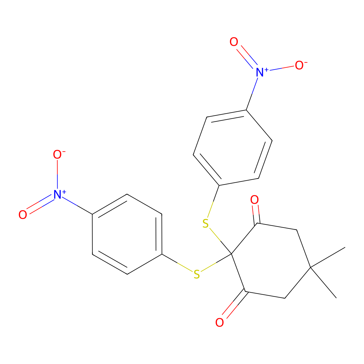 5,5-Dimethyl-2,2-bis[(4-nitrophenyl)sulfanyl]cyclohexane-1,3-dione molecular structure, CAS 352209-28-0