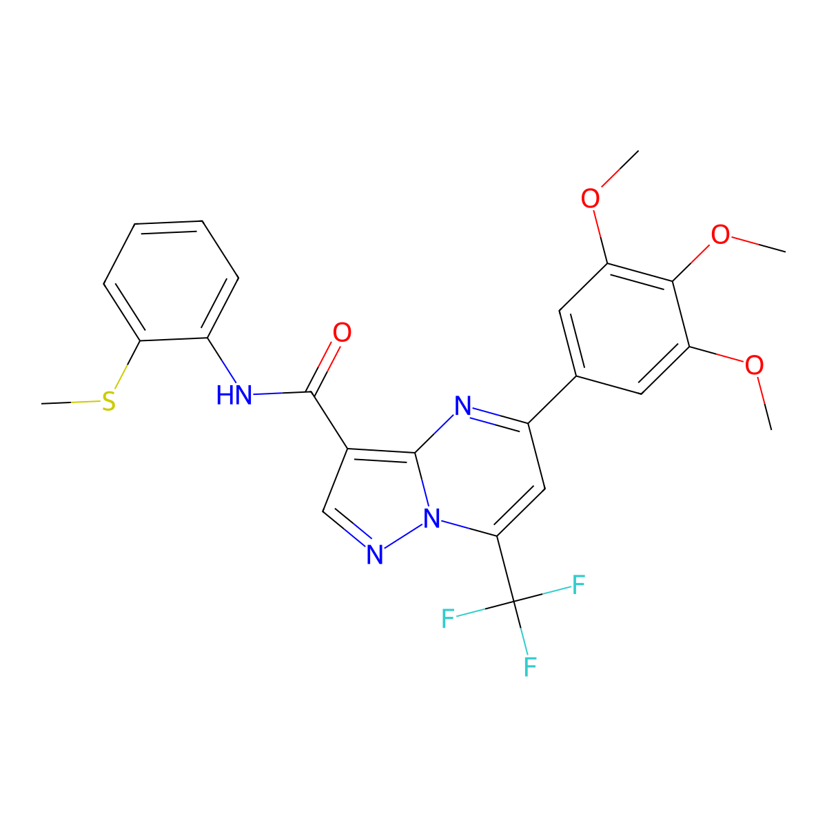 N-(2-methylsulfanylphenyl)-7-(trifluoromethyl)-5-(3,4,5-trimethoxyphenyl)pyrazolo[1,5-a]pyrimidine-3-carboxamide molecular structure, CAS 352213-11-7