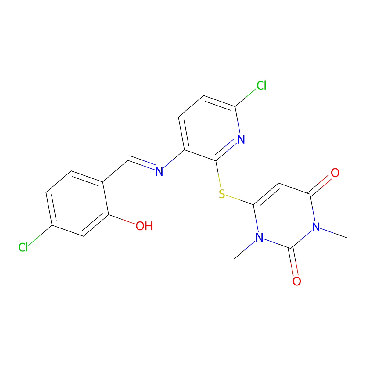 6-({6-chloro-3-[(4-chloro-2-hydroxybenzylidene)amino]-2-pyridinyl}sulfanyl)-1,3-dimethyl-2,4(1H,3H)-pyrimidinedione molecular structure, CAS 352225-61-7