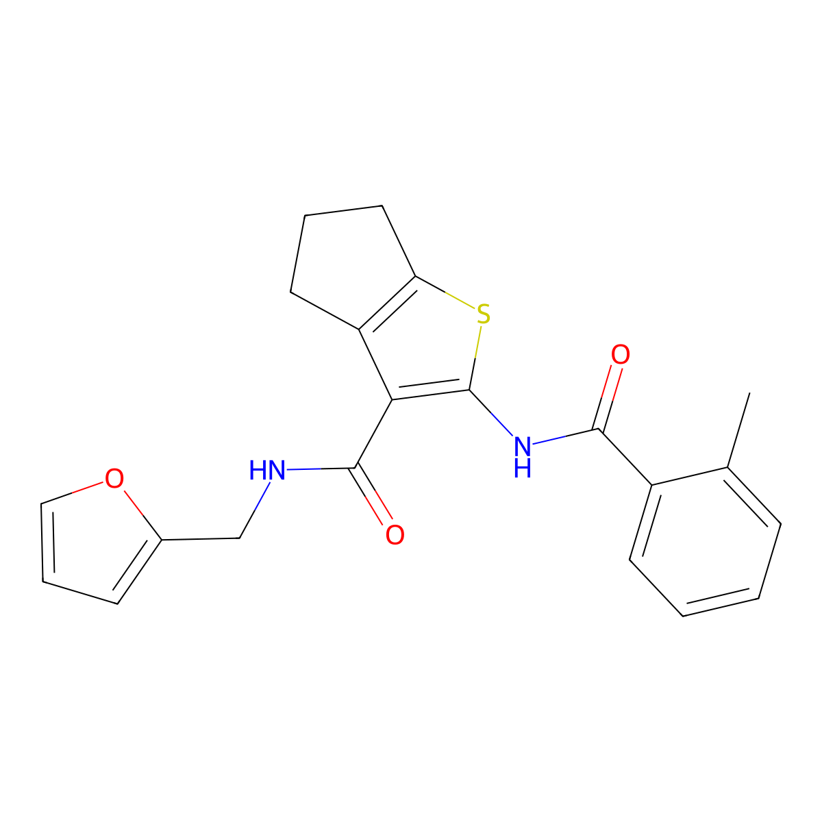 N-(furan-2-ylmethyl)-2-[(2-methylbenzoyl)amino]-5,6-dihydro-4H-cyclopenta[b]thiophene-3-carboxamide molecular structure, CAS 352226-53-0
