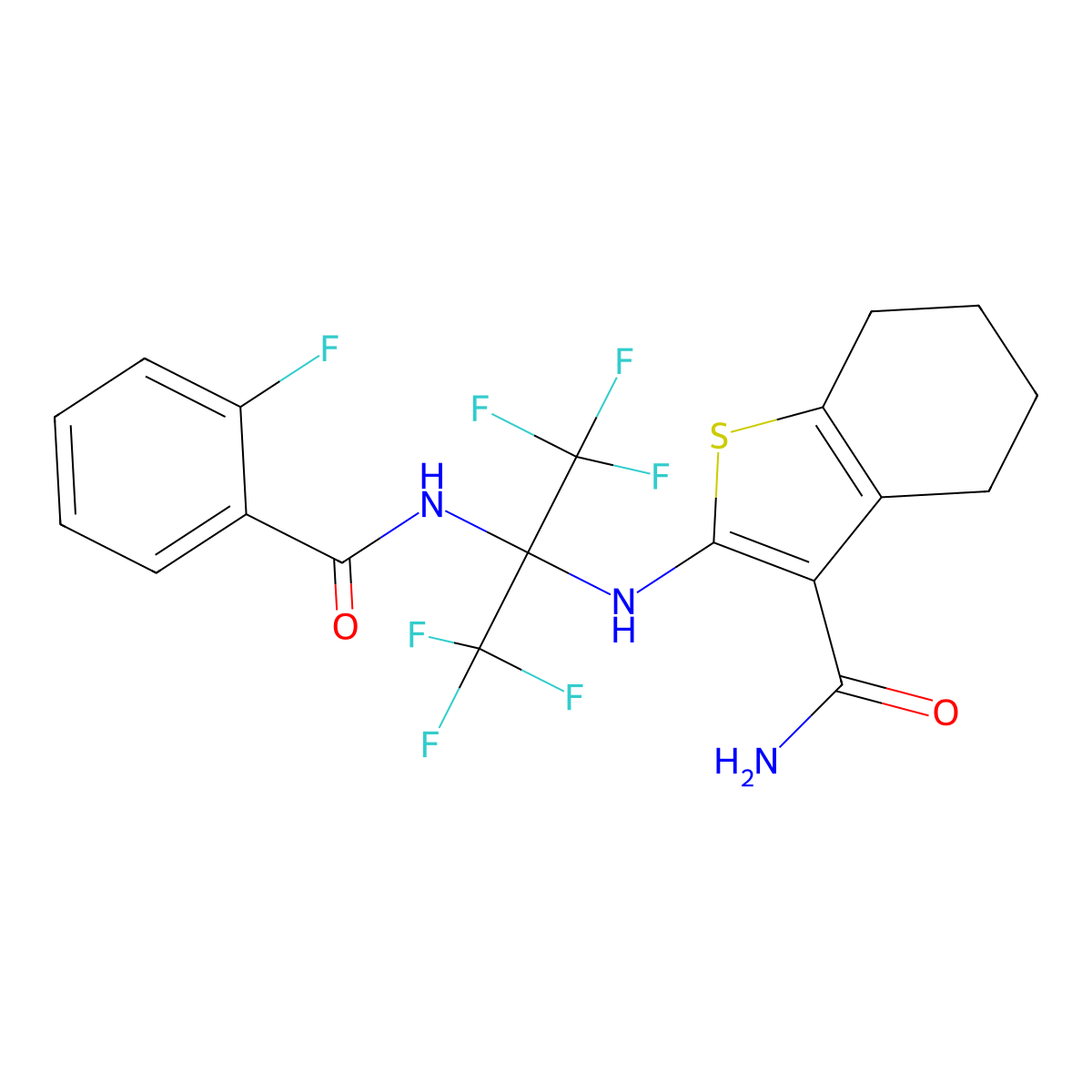 2-[[1,1,1,3,3,3-Hexafluoro-2-[(2-fluorobenzoyl)amino]propan-2-yl]amino]-4,5,6,7-tetrahydro-1-benzothiophene-3-carboxamide molecular structure, CAS 352317-01-2