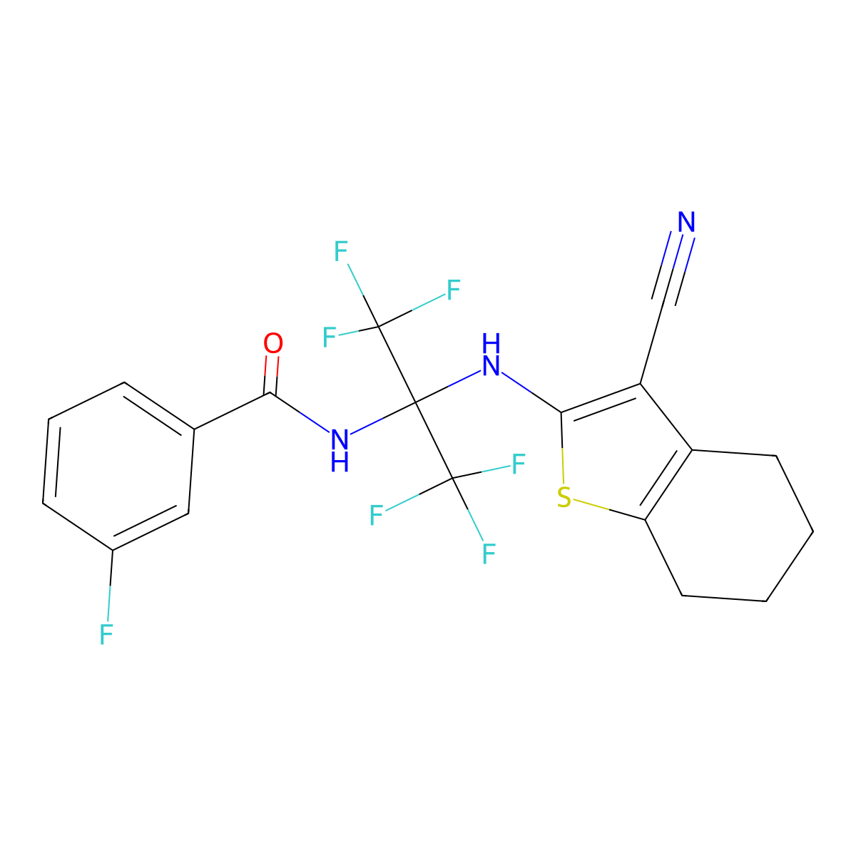 N-[2-[(3-cyano-4,5,6,7-tetrahydro-1-benzothiophen-2-yl)amino]-1,1,1,3,3,3-hexafluoropropan-2-yl]-3-fluorobenzamide molecular structure, CAS 352317-07-8