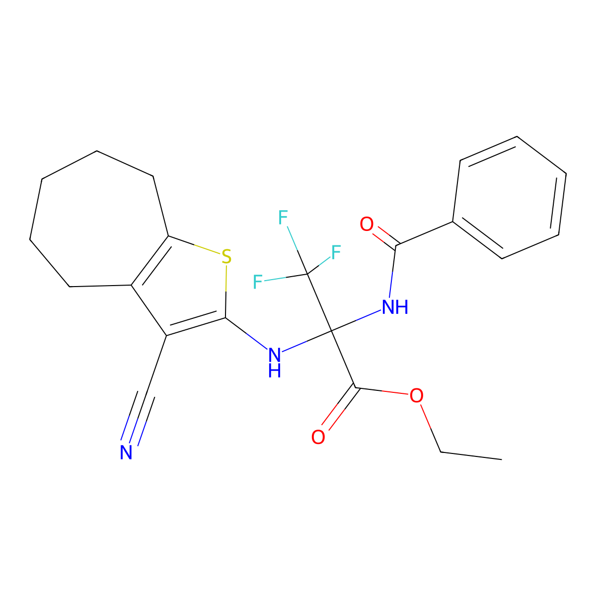 ethyl 2-benzamido-2-[(3-cyano-5,6,7,8-tetrahydro-4H-cyclohepta[b]thiophen-2-yl)amino]-3,3,3-trifluoropropanoate molecular structure, CAS 352317-17-0