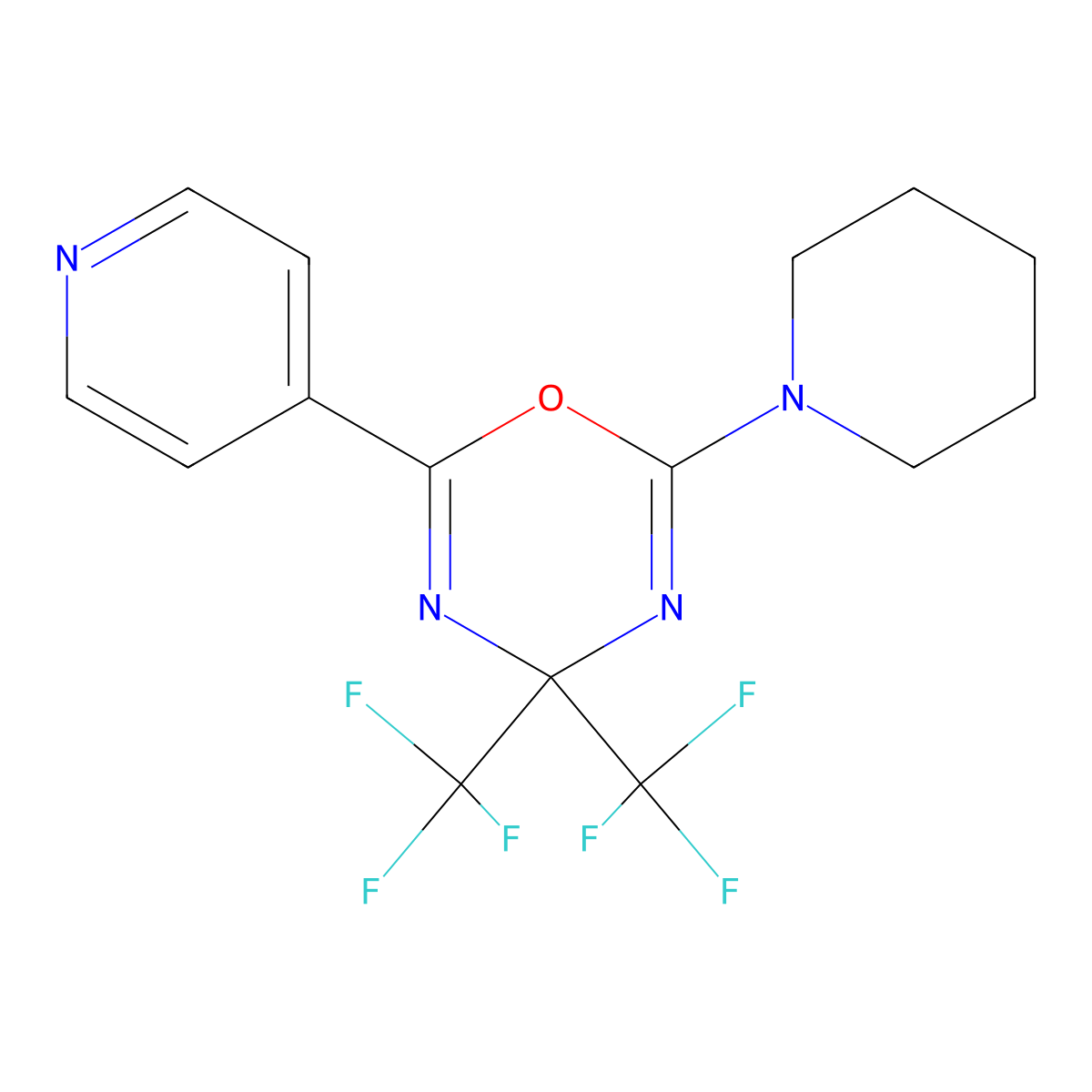 2-(1-piperidinyl)-6-(4-pyridinyl)-4,4-bis(trifluoromethyl)-4H-1,3,5-oxadiazine molecular structure, CAS 352317-24-9