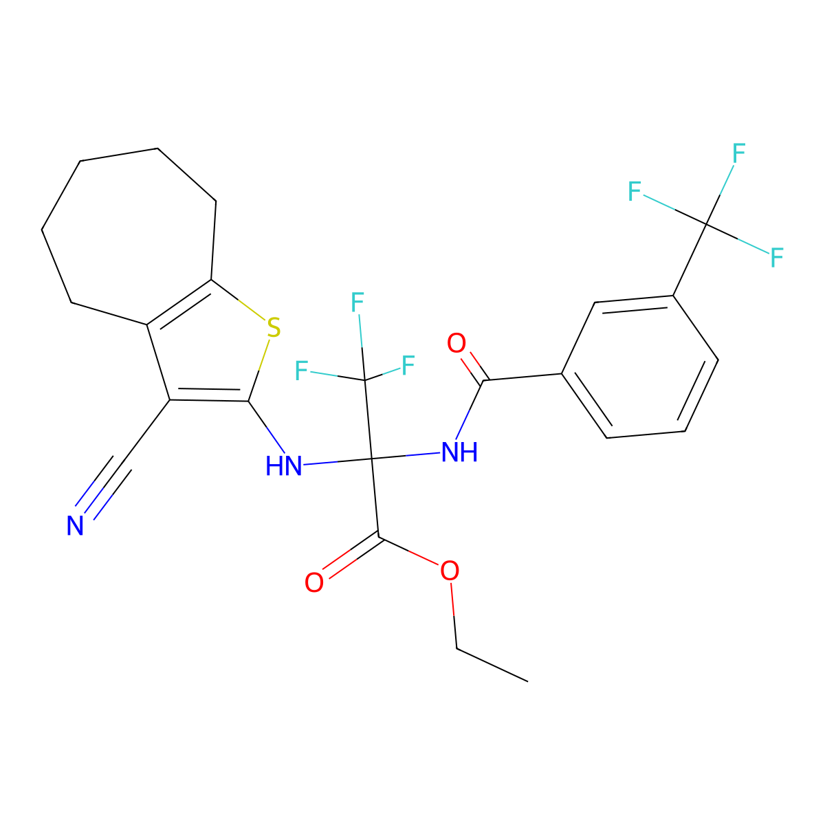 ethyl 2-[(3-cyano-5,6,7,8-tetrahydro-4H-cyclohepta[b]thiophen-2-yl)amino]-3,3,3-trifluoro-2-[[3-(trifluoromethyl)benzoyl]amino]propanoate molecular structure, CAS 352317-28-3