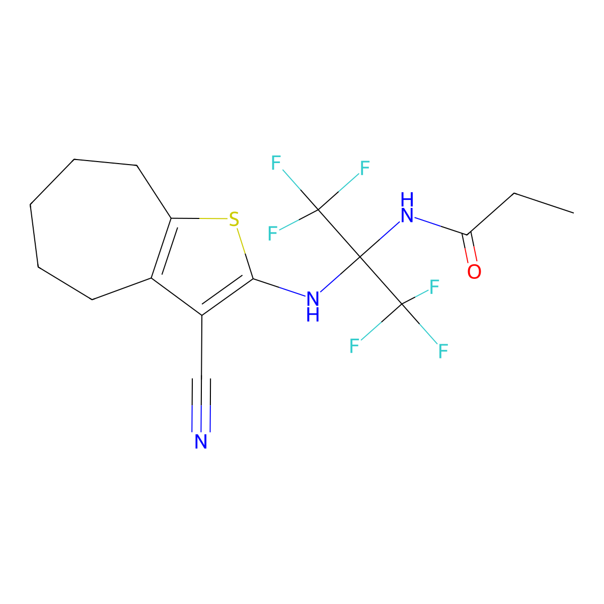 N-[2-[(3-cyano-5,6,7,8-tetrahydro-4H-cyclohepta[b]thiophen-2-yl)amino]-1,1,1,3,3,3-hexafluoropropan-2-yl]propanamide molecular structure, CAS 352317-30-7