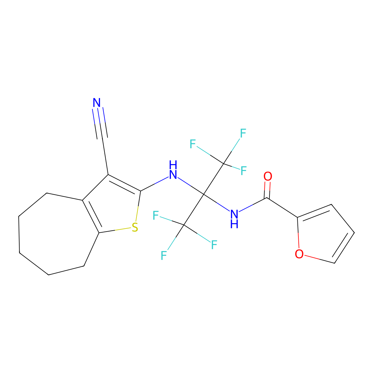 N-[2-[(3-cyano-5,6,7,8-tetrahydro-4H-cyclohepta[b]thiophen-2-yl)amino]-1,1,1,3,3,3-hexafluoropropan-2-yl]furan-2-carboxamide molecular structure, CAS 352317-33-0