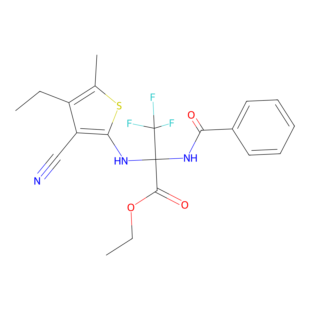 Ethyl 2-benzamido-2-((3-cyano-4-ethyl-5-methylthiophen-2-yl)amino)-3,3,3-trifluoropropanoate molecular structure, CAS 352317-35-2