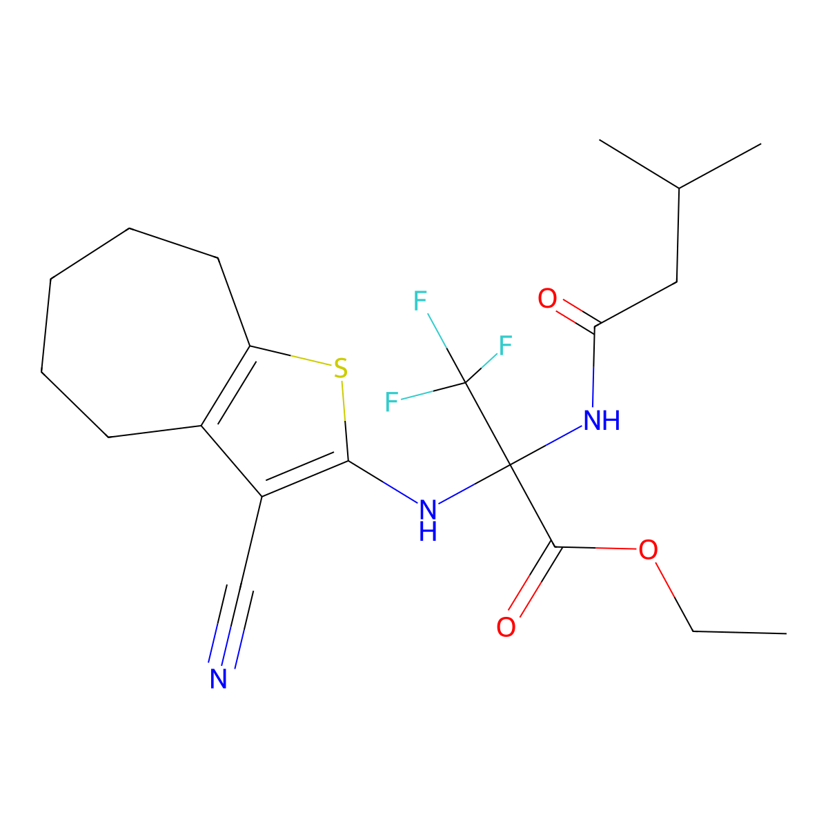 ethyl 2-[(3-cyano-5,6,7,8-tetrahydro-4H-cyclohepta[b]thiophen-2-yl)amino]-3,3,3-trifluoro-2-(3-methylbutanoylamino)propanoate molecular structure, CAS 352317-38-5