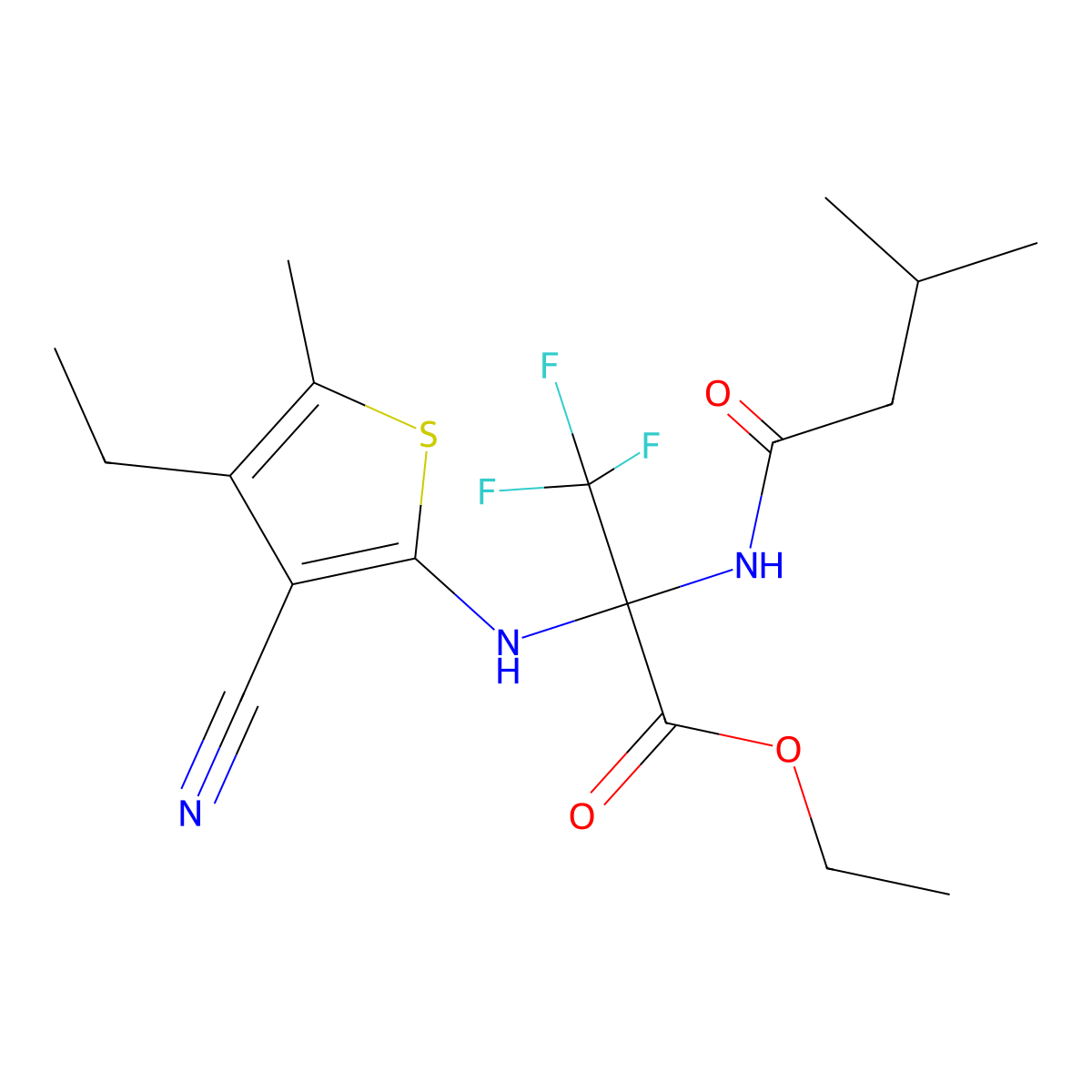 Ethyl 2-[(3-cyano-4-ethyl-5-methylthiophen-2-yl)amino]-3,3,3-trifluoro-2-(3-methylbutanoylamino)propanoate molecular structure, CAS 352317-39-6