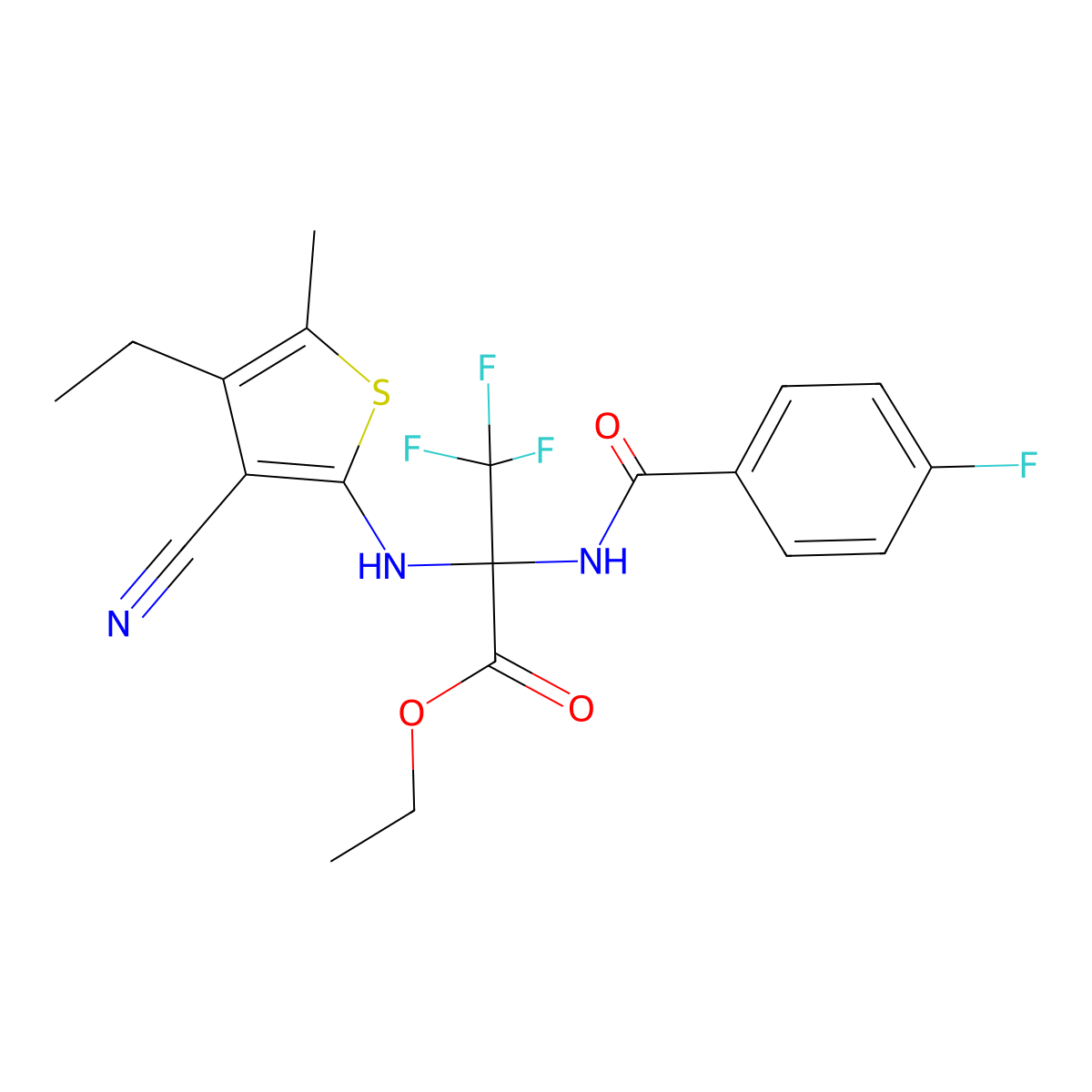 Ethyl 2-[(3-cyano-4-ethyl-5-methylthiophen-2-yl)amino]-3,3,3-trifluoro-2-[(4-fluorobenzoyl)amino]propanoate molecular structure, CAS 352317-40-9