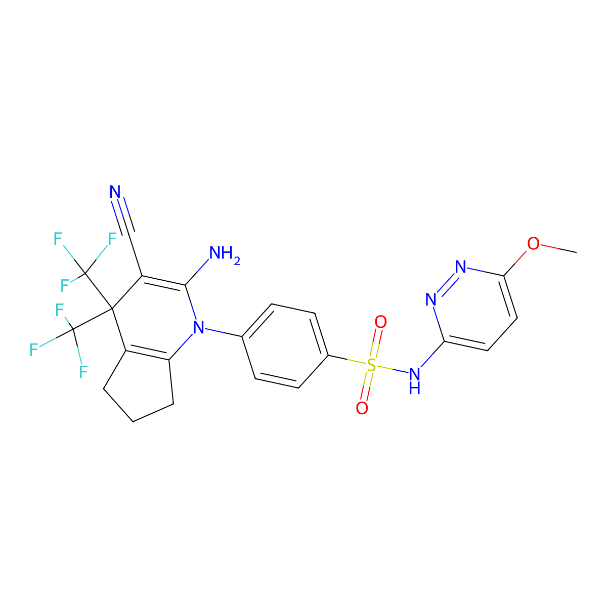 4-[2-amino-3-cyano-4,4-bis(trifluoromethyl)-6,7-dihydro-5H-cyclopenta[b]pyridin-1-yl]-N-(6-methoxypyridazin-3-yl)benzenesulfonamide molecular structure, CAS 352317-41-0