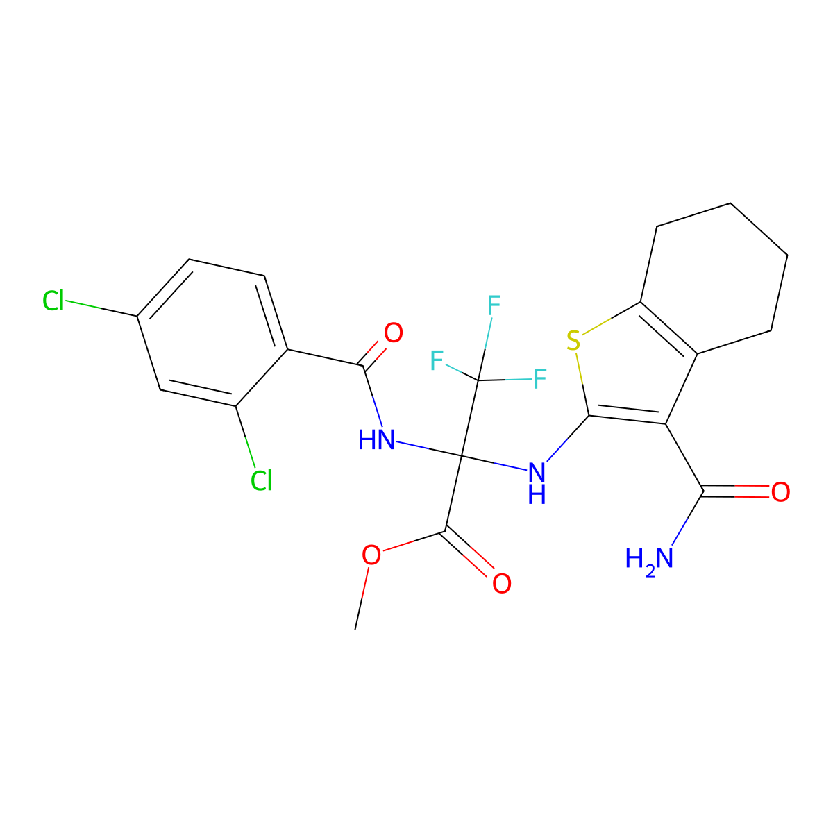 Methyl 2-[(3-carbamoyl-4,5,6,7-tetrahydro-1-benzothiophen-2-yl)amino]-2-[(2,4-dichlorobenzoyl)amino]-3,3,3-trifluoropropanoate molecular structure, CAS 352317-50-1
