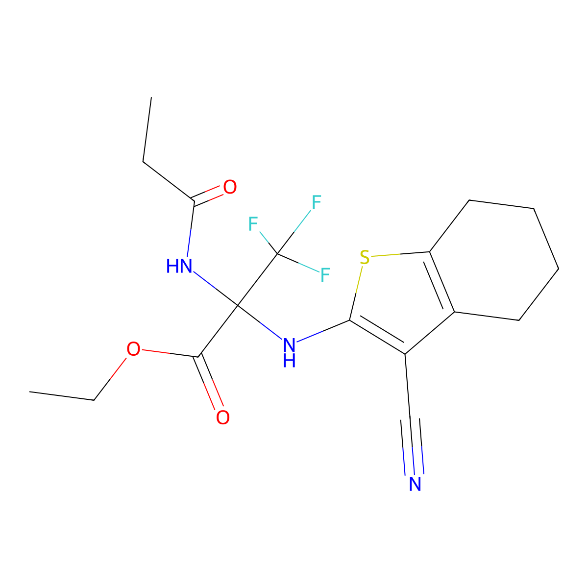 Ethyl 2-[(3-cyano-4,5,6,7-tetrahydro-1-benzothiophen-2-yl)amino]-3,3,3-trifluoro-2-(propanoylamino)propanoate molecular structure, CAS 352317-66-9