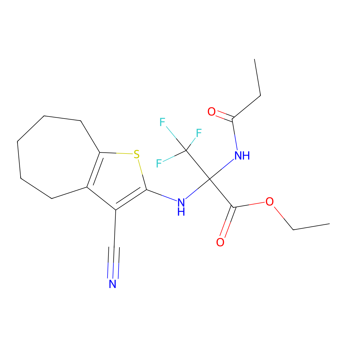 ethyl 2-[(3-cyano-5,6,7,8-tetrahydro-4H-cyclohepta[b]thiophen-2-yl)amino]-3,3,3-trifluoro-2-(propanoylamino)propanoate molecular structure, CAS 352317-67-0