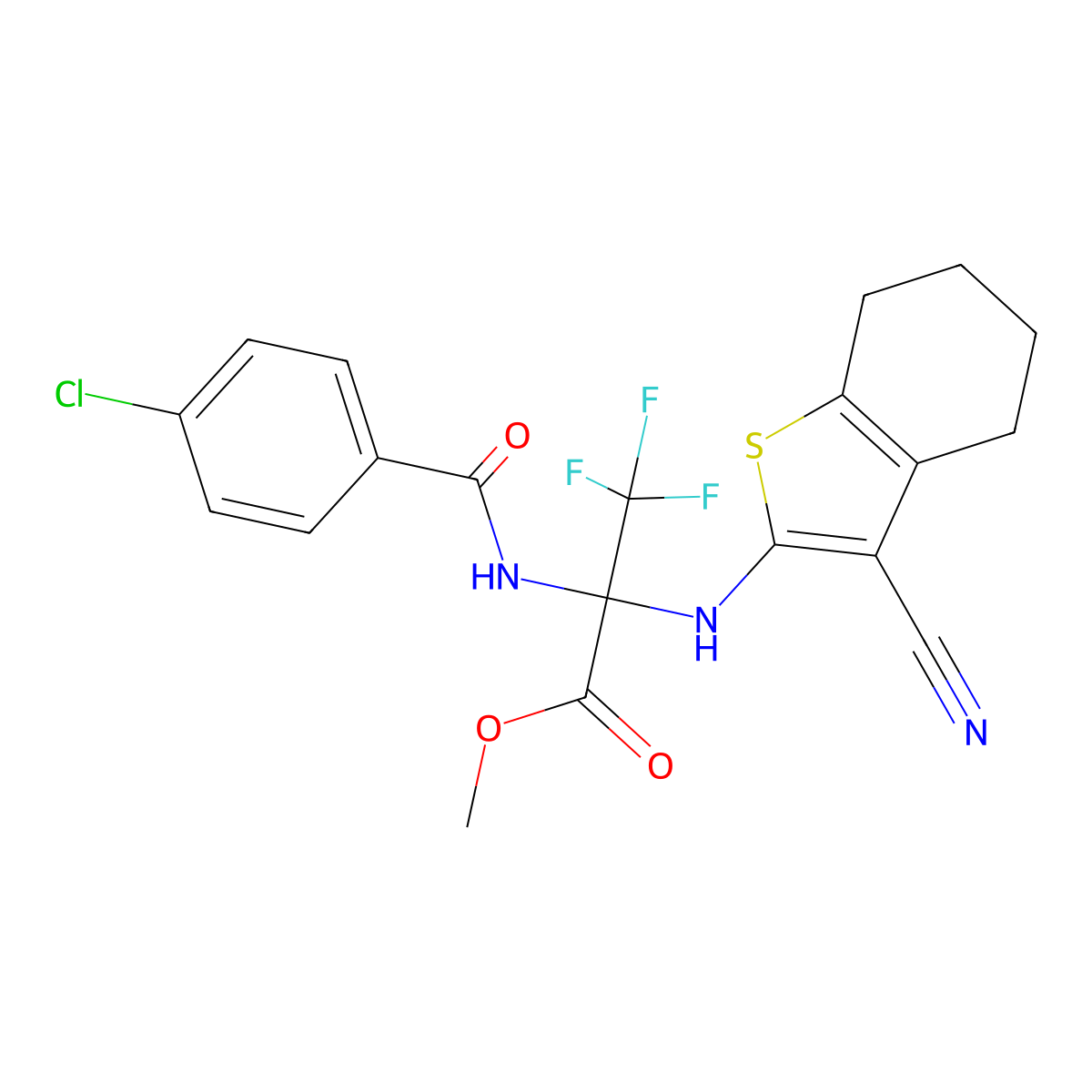 Methyl 2-[(4-chlorobenzoyl)amino]-2-[(3-cyano-4,5,6,7-tetrahydro-1-benzothiophen-2-yl)amino]-3,3,3-trifluoropropanoate molecular structure, CAS 352317-69-2