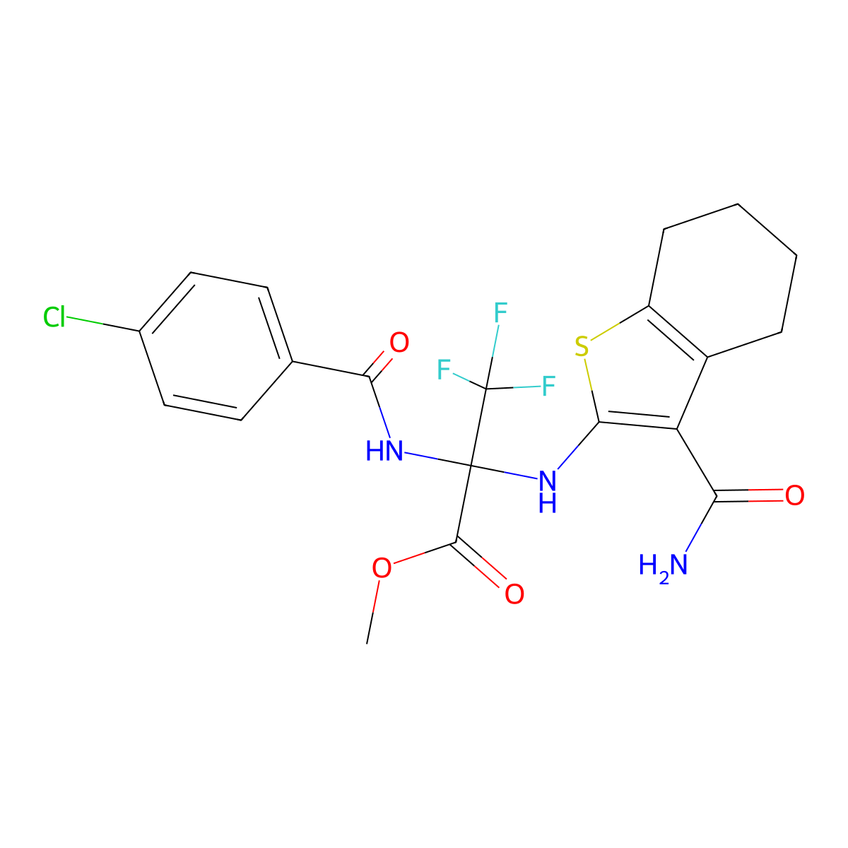Methyl 2-[(3-carbamoyl-4,5,6,7-tetrahydro-1-benzothiophen-2-yl)amino]-2-[(4-chlorobenzoyl)amino]-3,3,3-trifluoropropanoate molecular structure, CAS 352317-71-6