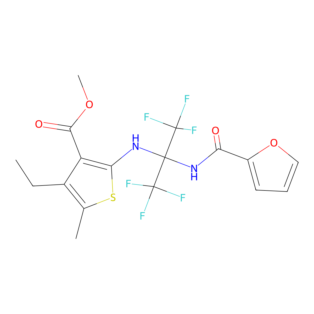 Methyl 4-ethyl-2-[[1,1,1,3,3,3-hexafluoro-2-(furan-2-carbonylamino)propan-2-yl]amino]-5-methylthiophene-3-carboxylate molecular structure, CAS 352317-89-6