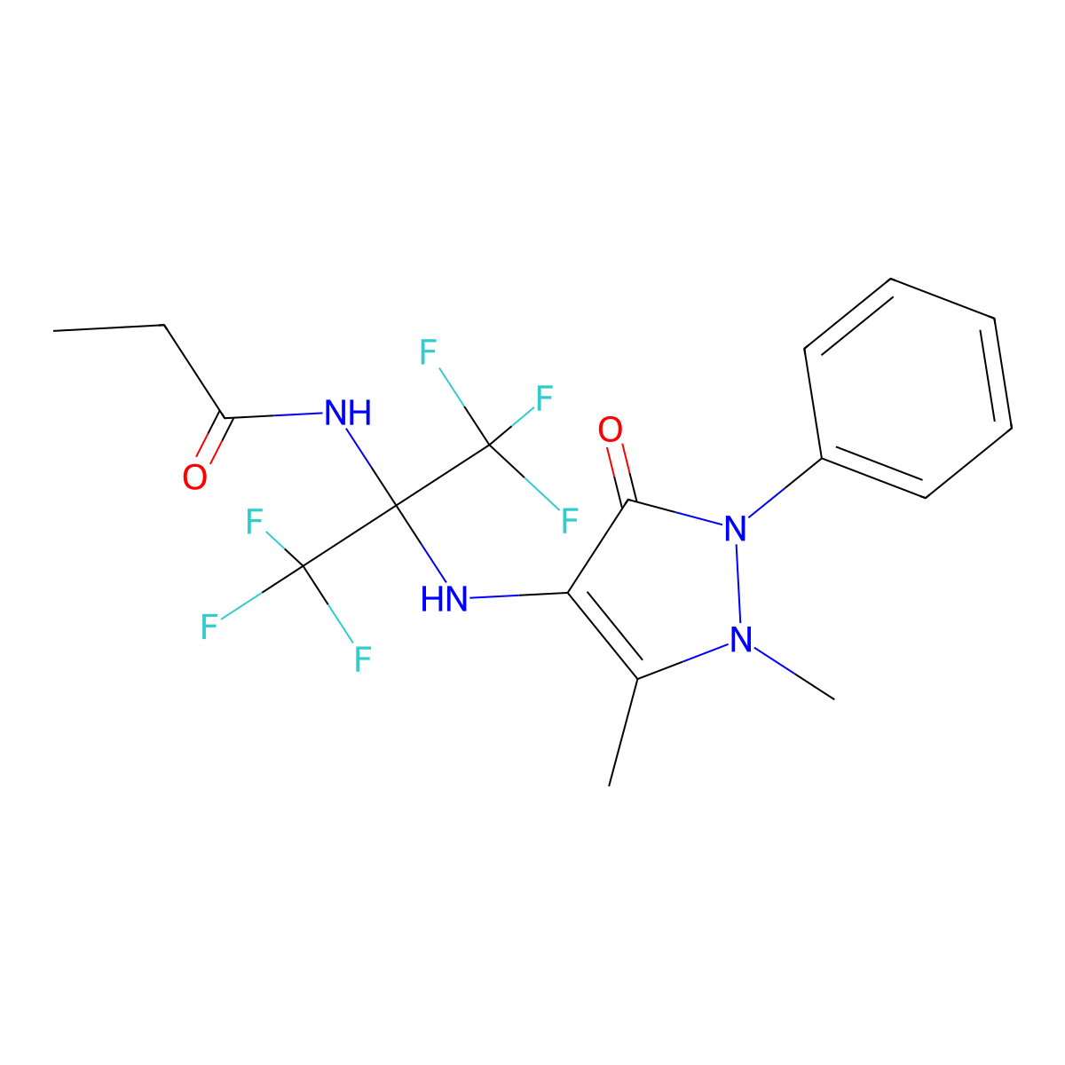 N-[2-[(1,5-dimethyl-3-oxo-2-phenylpyrazol-4-yl)amino]-1,1,1,3,3,3-hexafluoropropan-2-yl]propanamide molecular structure, CAS 352317-98-7