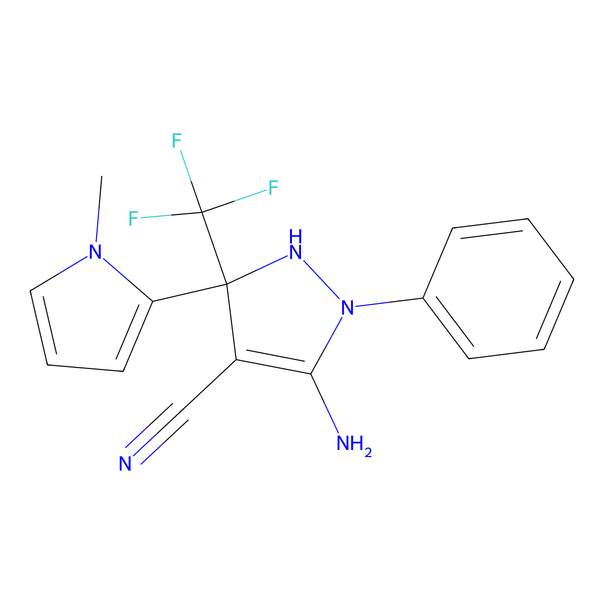 3-amino-5-(1-methylpyrrol-2-yl)-2-phenyl-5-(trifluoromethyl)-1H-pyrazole-4-carbonitrile molecular structure, CAS 352318-79-7