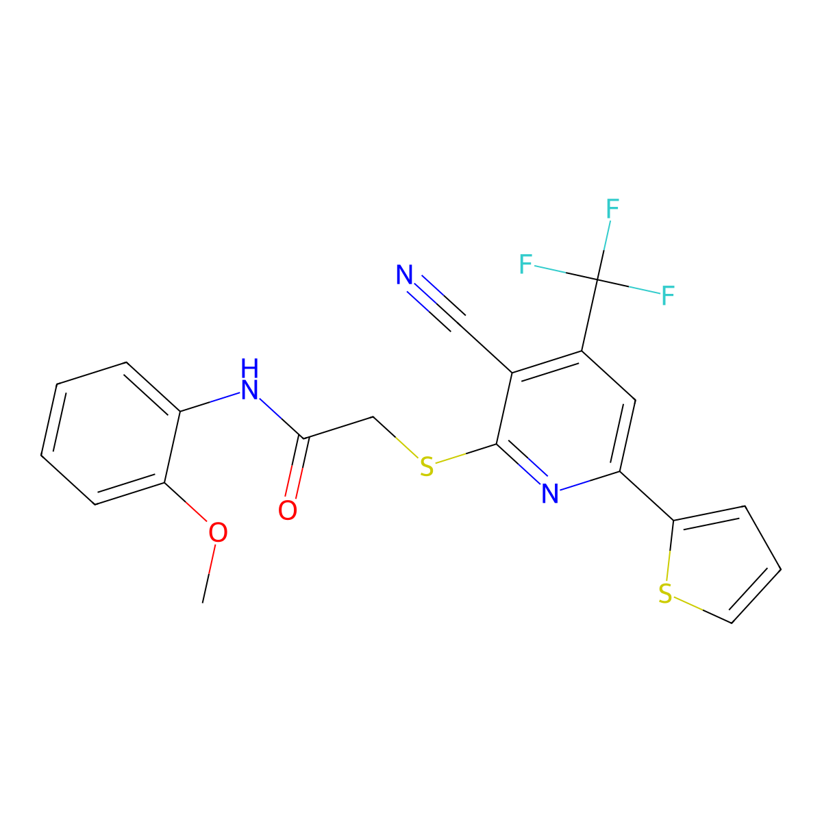 2-((3-Cyano-6-(2-thienyl)-4-(tri-F-ME)-2-pyridinyl)thio)-N-(2-meo-PH)acetamide molecular structure, CAS 352329-20-5