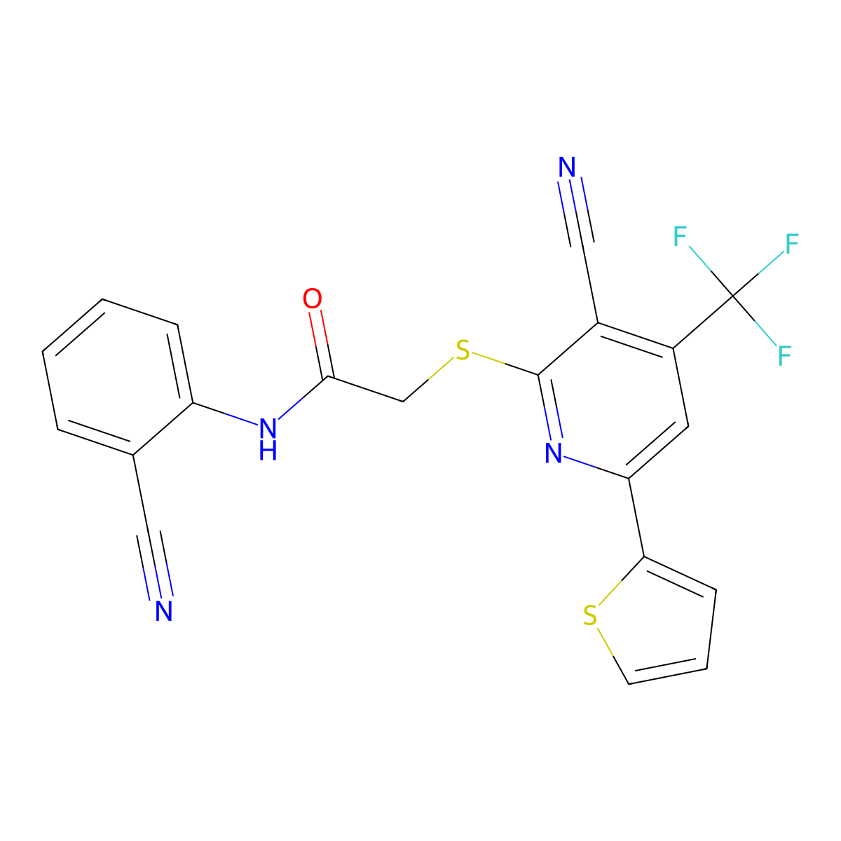 N-(2-Cyanophenyl)-2-((3-cyano-6-(2-thienyl)-4-(trifluoromethyl)-2-pyridinyl)sulfanyl)acetamide molecular structure, CAS 352329-31-8