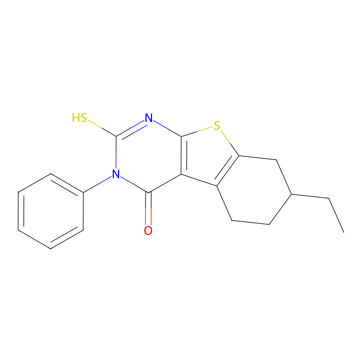 7-ethyl-3-phenyl-2-sulfanyl-5,6,7,8-tetrahydro[1]benzothieno[2,3-d]pyrimidin-4(3H)-one molecular structure, CAS 352333-50-7