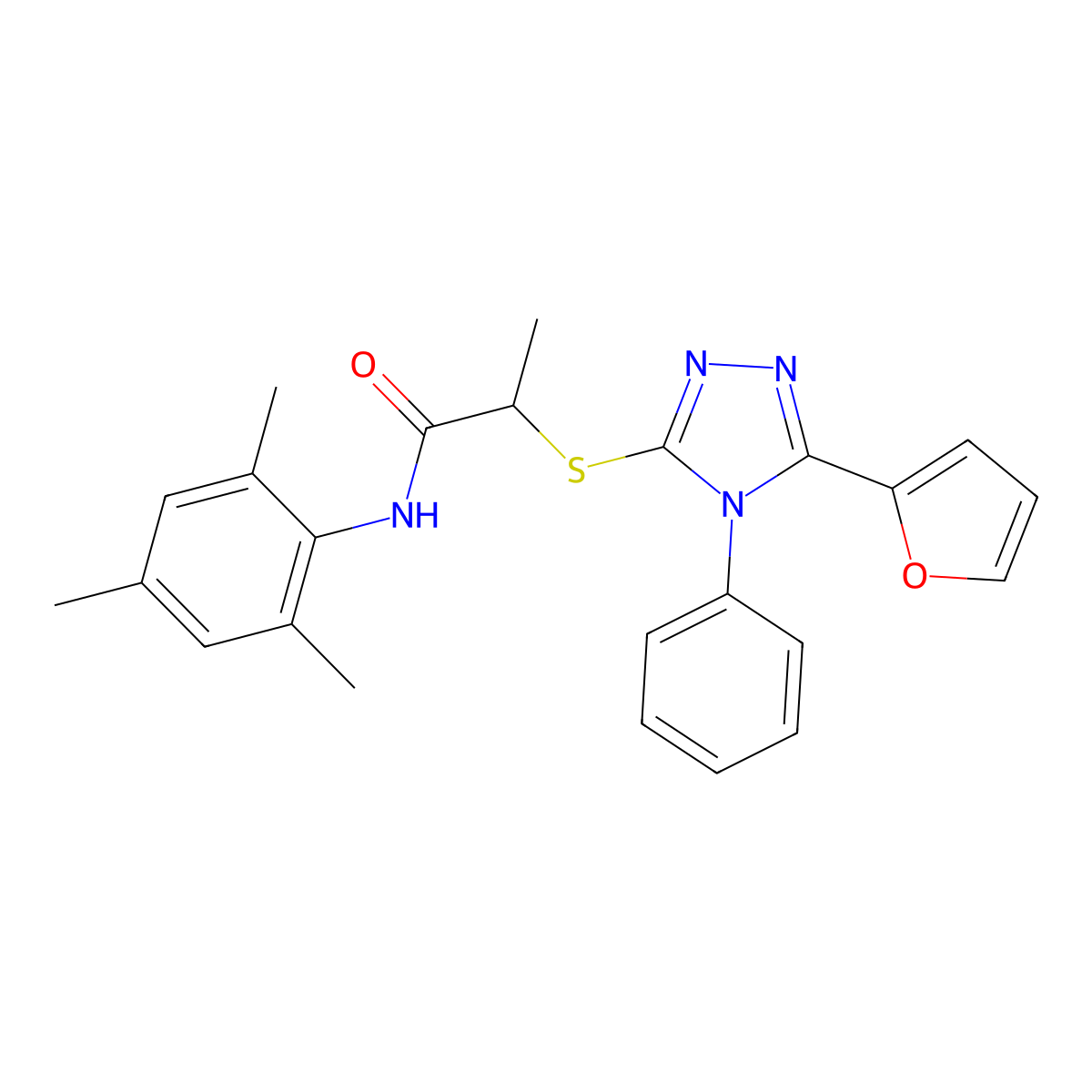2-[[5-(furan-2-yl)-4-phenyl-1,2,4-triazol-3-yl]sulfanyl]-N-(2,4,6-trimethylphenyl)propanamide molecular structure, CAS 352335-29-6