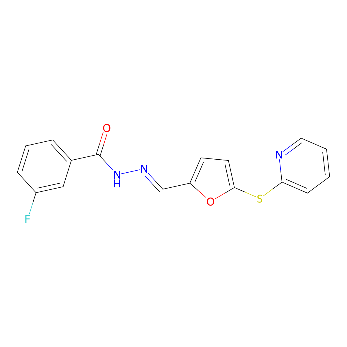 3-fluoro-N-[(E)-(5-pyridin-2-ylsulfanylfuran-2-yl)methylideneamino]benzamide molecular structure, CAS 352336-36-8