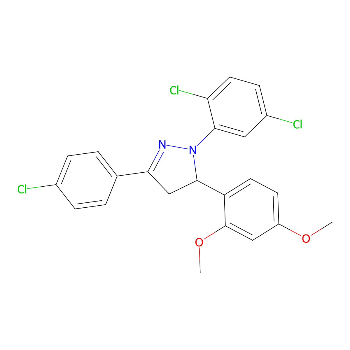 5-(4-Chlorophenyl)-2-(2,5-dichlorophenyl)-3-(2,4-dimethoxyphenyl)-3,4-dihydropyrazole molecular structure, CAS 352337-67-8
