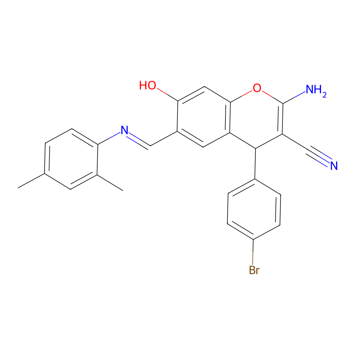 2-amino-4-(4-bromophenyl)-6-{[(2,4-dimethylphenyl)imino]methyl}-7-hydroxy-4H-chromene-3-carbonitrile molecular structure, CAS 352338-36-4