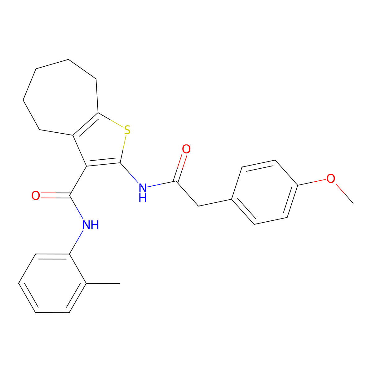 2-[[2-(4-methoxyphenyl)acetyl]amino]-N-(2-methylphenyl)-5,6,7,8-tetrahydro-4H-cyclohepta[b]thiophene-3-carboxamide molecular structure, CAS 352339-74-3