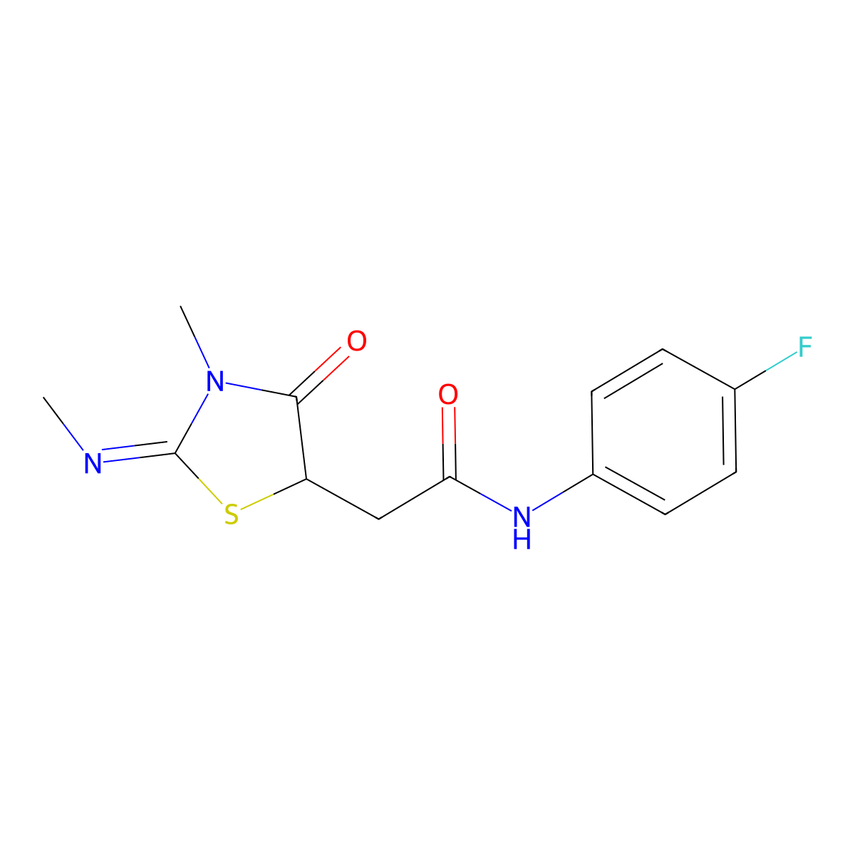 N-(4-fluorophenyl)-2-(3-methyl-2-methylimino-4-oxo-1,3-thiazolidin-5-yl)acetamide molecular structure, CAS 352341-66-3