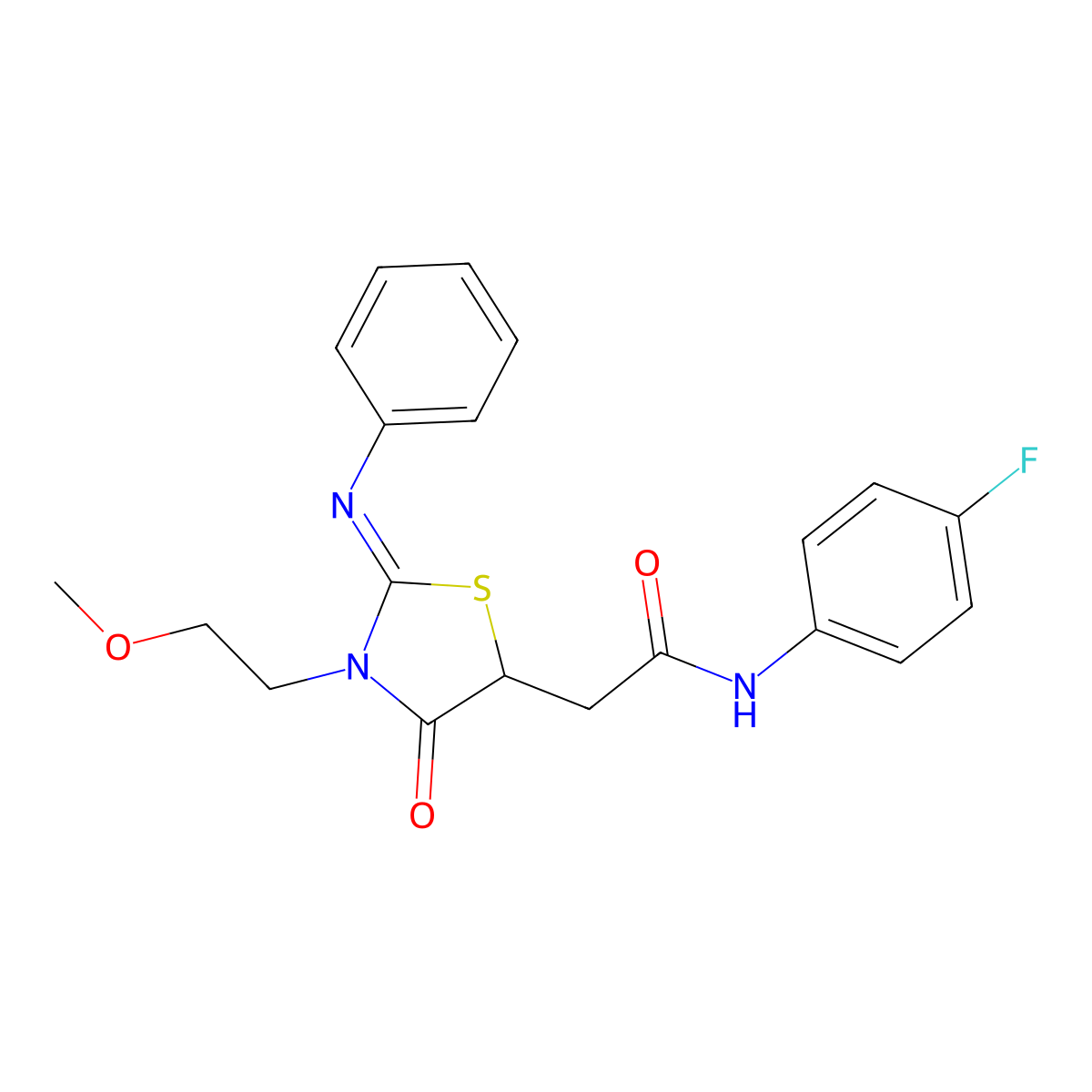 N-(4-fluorophenyl)-2-[3-(2-methoxyethyl)-4-oxo-2-phenylimino-1,3-thiazolidin-5-yl]acetamide molecular structure, CAS 352341-72-1