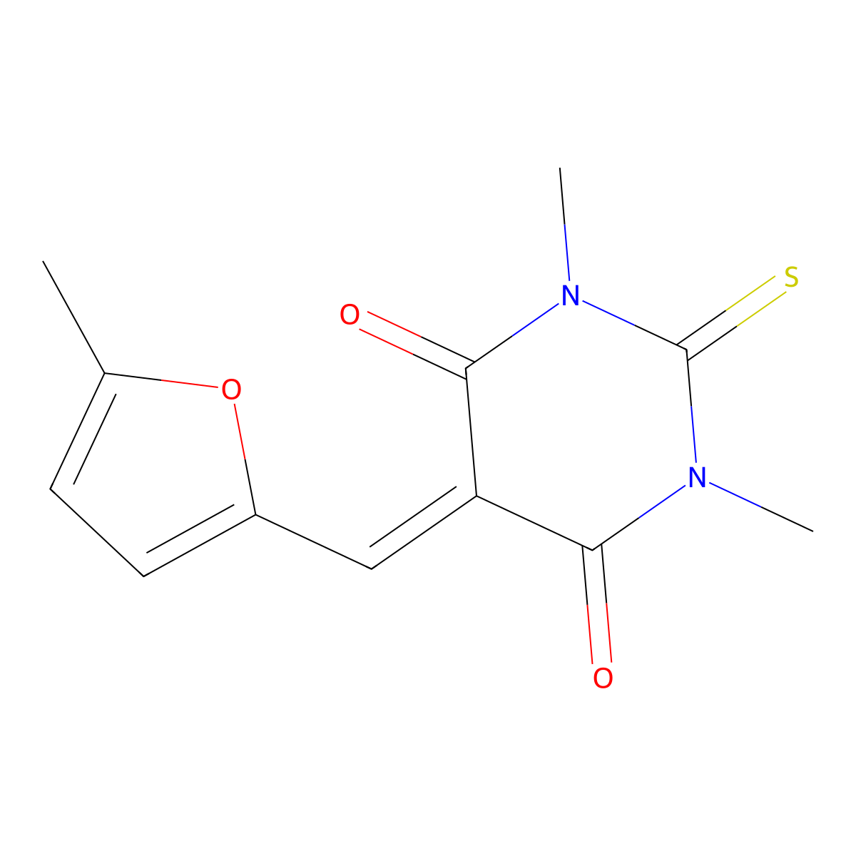 1,3-dimethyl-5-[(5-methyl-2-furyl)methylene]-2-thioxodihydro-4,6(1H,5H)-pyrimidinedione molecular structure, CAS 352343-01-2