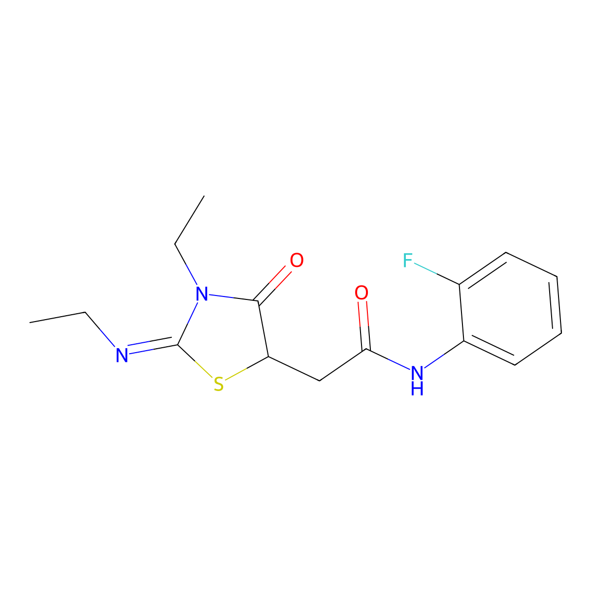 (E)-2-(3-ethyl-2-(ethylimino)-4-oxothiazolidin-5-yl)-N-(2-fluorophenyl)acetamide molecular structure, CAS 352344-54-8