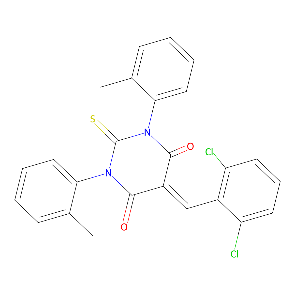 5-(2,6-dichlorobenzylidene)-1,3-bis(2-methylphenyl)-2-thioxodihydro-4,6(1H,5H)-pyrimidinedione molecular structure, CAS 352345-55-2