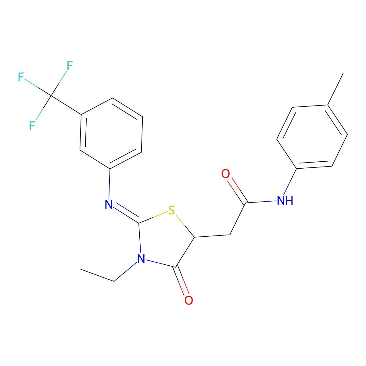 2-(3-ethyl-4-oxo-2-{[3-(trifluoromethyl)phenyl]imino}-1,3-thiazolidin-5-yl)-N-(4-methylphenyl)acetamide molecular structure, CAS 352348-16-4