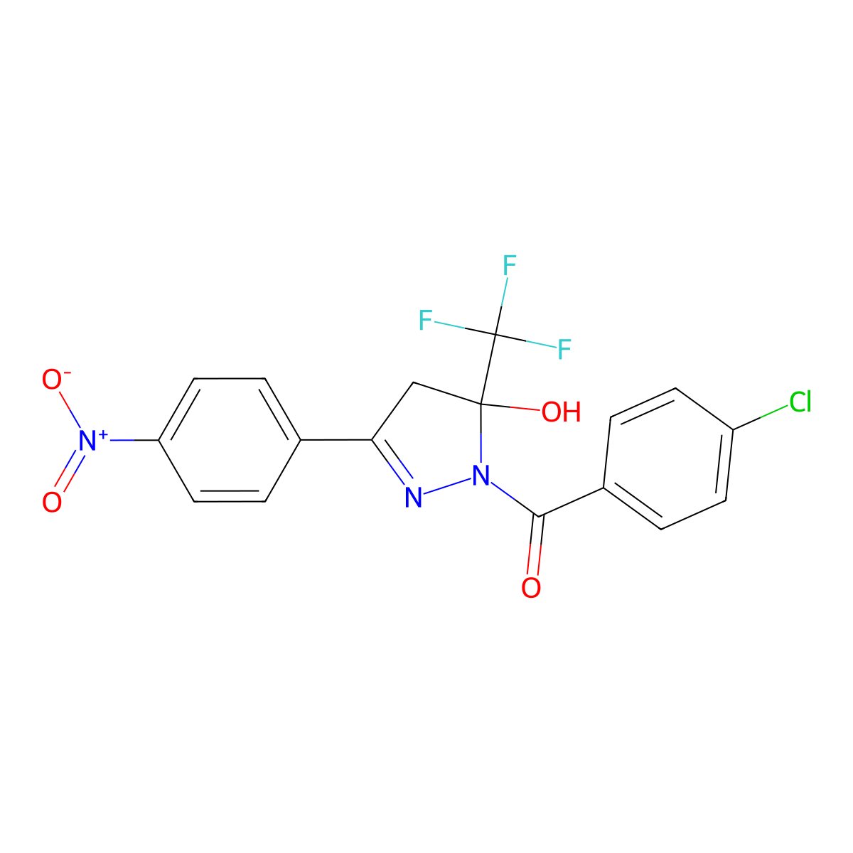 (4-chlorophenyl)-[5-hydroxy-3-(4-nitrophenyl)-5-(trifluoromethyl)-4H-pyrazol-1-yl]methanone molecular structure, CAS 352349-91-8